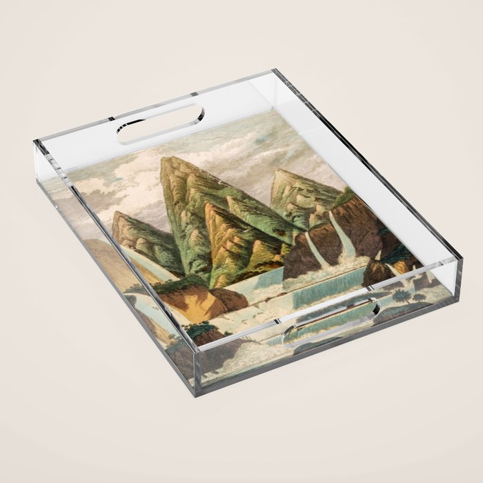 Departing in Dreams - Mountain and Waterfalls - Nature Landscape in Green, Brown, Blue Acrylic Tray Gallery Image 1