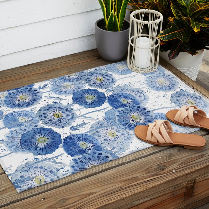 blue indigo dandelion pattern watercolor Outdoor Rug Gallery Image 2