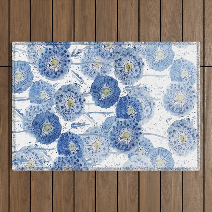 blue indigo dandelion pattern watercolor Outdoor Rug Gallery Image 1