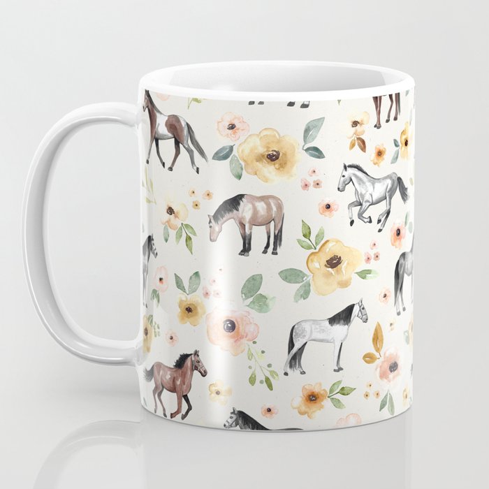 Horses and Flowers, Sunrise Floral, Cream, Horse Print, Horse Illustration, Pink and Yellow, Equestrian, Little Girls Coffee Mug Gallery Image 3