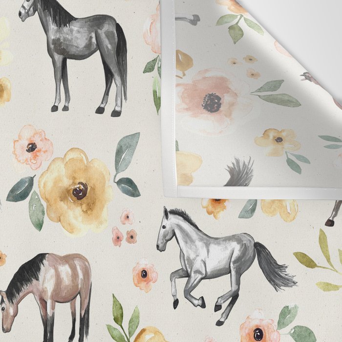 Horses and Flowers, Sunrise Floral, Cream, Horse Print, Horse Illustration, Pink and Yellow, Equestrian, Little Girls Wall Tapestry Gallery Image 3