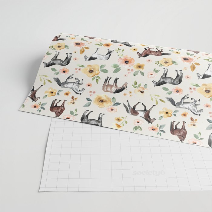 Horses and Flowers, Sunrise Floral, Cream, Horse Print, Horse Illustration, Pink and Yellow, Equestrian, Little Girls Wrapping Paper Gallery Image 2
