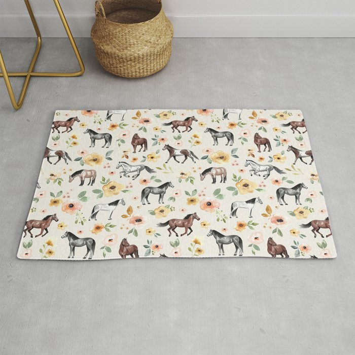 Horses and Flowers, Sunrise Floral, Cream, Horse Print, Horse Illustration, Pink and Yellow, Equestrian, Little Girls Rug Gallery Image 1