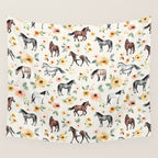 Horses and Flowers, Sunrise Floral, Cream, Horse Print, Horse Illustration, Pink and Yellow, Equestrian, Little Girls Wall Tapestry Gallery Image 4