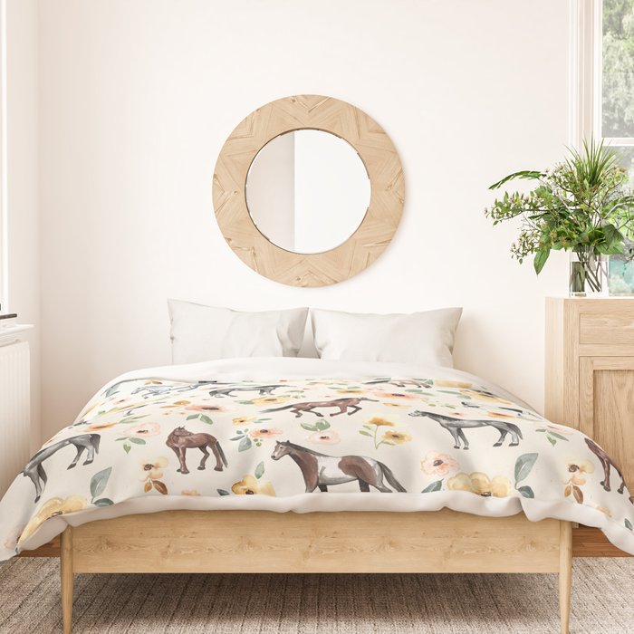 Horses and Flowers, Sunrise Floral, Cream, Horse Print, Horse Illustration, Pink and Yellow, Equestrian, Little Girls Duvet Cover Gallery Image 3