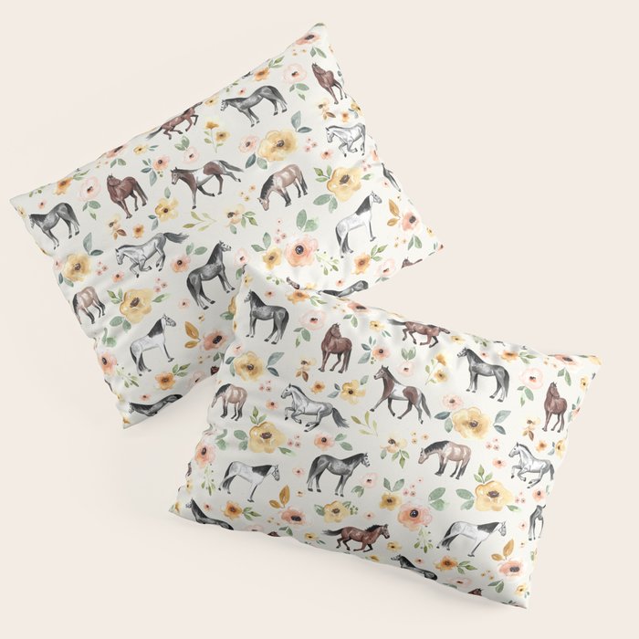 Horses and Flowers, Sunrise Floral, Cream, Horse Print, Horse Illustration, Pink and Yellow, Equestrian, Little Girls Pillow Sham Gallery Image 3