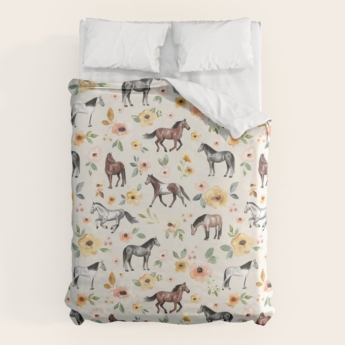 Horses and Flowers, Sunrise Floral, Cream, Horse Print, Horse Illustration, Pink and Yellow, Equestrian, Little Girls Duvet Cover Gallery Image 1