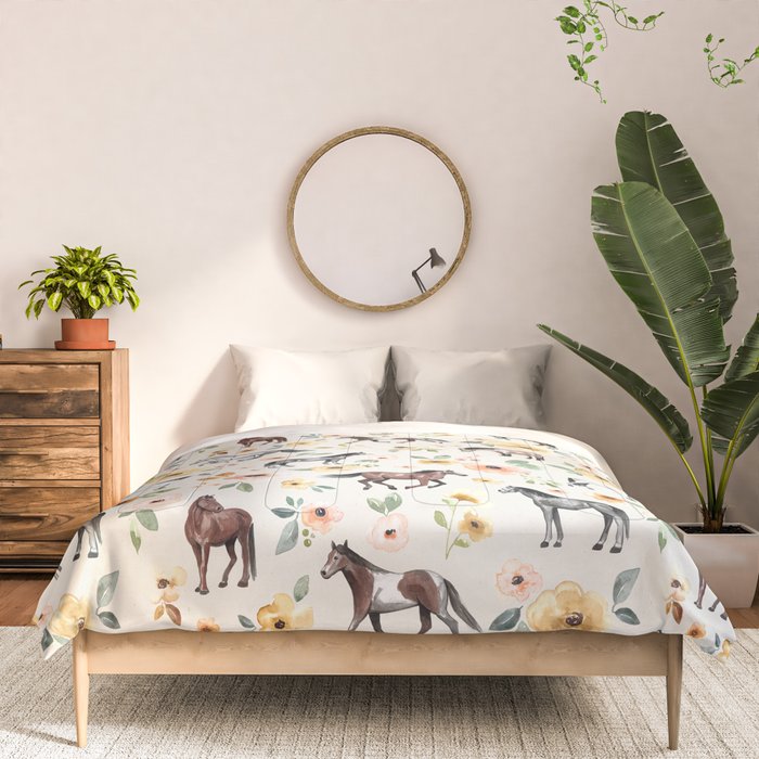 Horses and Flowers, Sunrise Floral, Cream, Horse Print, Horse Illustration, Pink and Yellow, Equestrian, Little Girls Comforter Gallery Image 3
