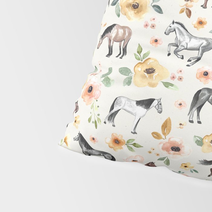 Horses and Flowers, Sunrise Floral, Cream, Horse Print, Horse Illustration, Pink and Yellow, Equestrian, Little Girls Pillow Sham Gallery Image 4