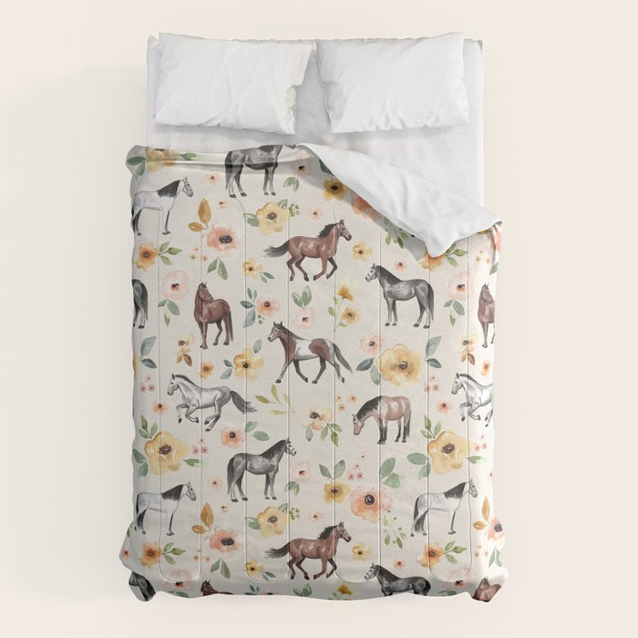 Horses and Flowers, Sunrise Floral, Cream, Horse Print, Horse Illustration, Pink and Yellow, Equestrian, Little Girls Comforter Gallery Image 6
