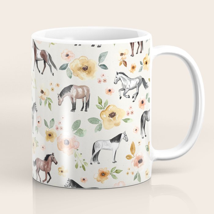 Horses and Flowers, Sunrise Floral, Cream, Horse Print, Horse Illustration, Pink and Yellow, Equestrian, Little Girls Coffee Mug Gallery Image 1