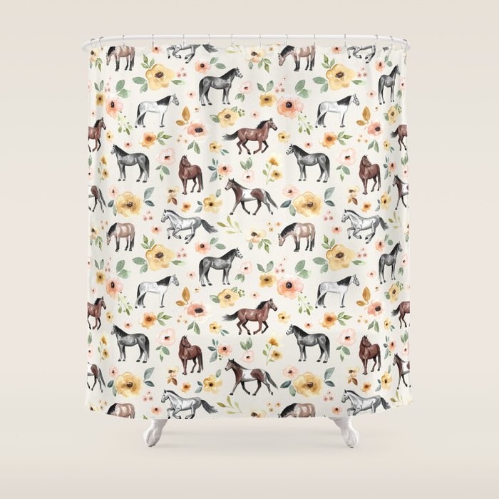 Horses and Flowers, Sunrise Floral, Cream, Horse Print, Horse Illustration, Pink and Yellow, Equestrian, Little Girls Shower Curtain Gallery Image 1