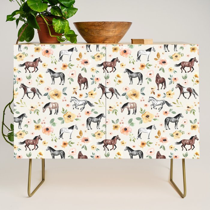 Horses and Flowers, Sunrise Floral, Cream, Horse Print, Horse Illustration, Pink and Yellow, Equestrian, Little Girls Credenza Gallery Image 1