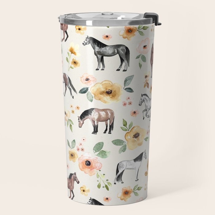 Horses and Flowers, Sunrise Floral, Cream, Horse Print, Horse Illustration, Pink and Yellow, Equestrian, Little Girls Travel Mug Gallery Image 2
