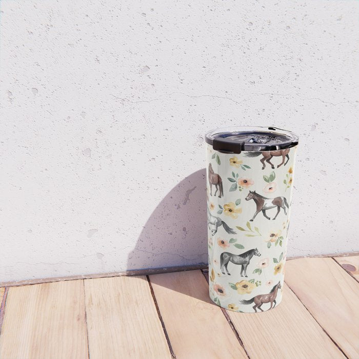 Horses and Flowers, Sunrise Floral, Cream, Horse Print, Horse Illustration, Pink and Yellow, Equestrian, Little Girls Travel Mug Gallery Image 4