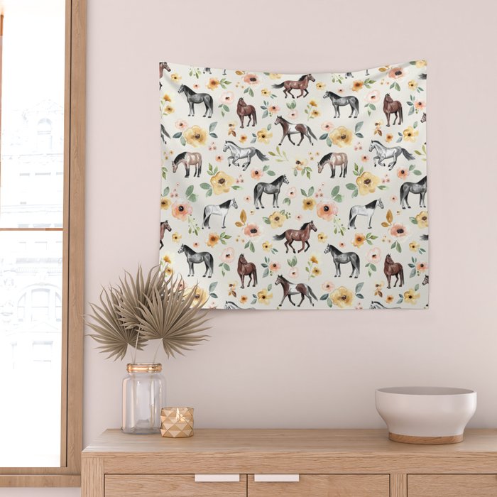 Horses and Flowers, Sunrise Floral, Cream, Horse Print, Horse Illustration, Pink and Yellow, Equestrian, Little Girls Wall Tapestry Gallery Image 2
