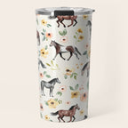 Horses and Flowers, Sunrise Floral, Cream, Horse Print, Horse Illustration, Pink and Yellow, Equestrian, Little Girls Travel Mug Gallery Image 1