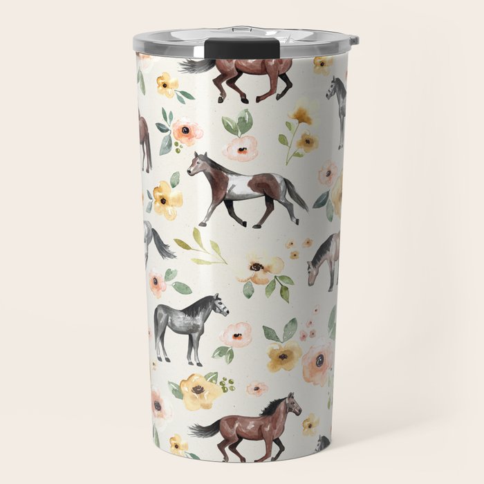Horses and Flowers, Sunrise Floral, Cream, Horse Print, Horse Illustration, Pink and Yellow, Equestrian, Little Girls Travel Mug Gallery Image 1