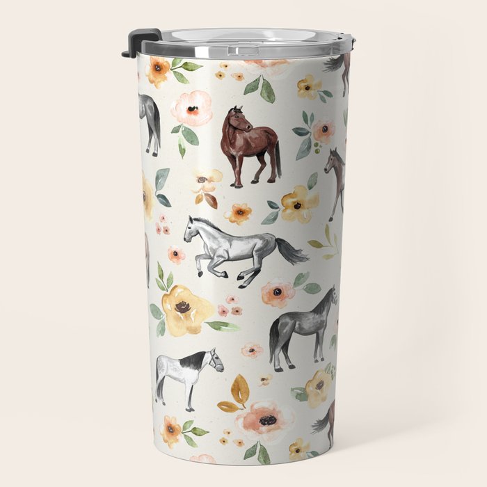 Horses and Flowers, Sunrise Floral, Cream, Horse Print, Horse Illustration, Pink and Yellow, Equestrian, Little Girls Travel Mug Gallery Image 3