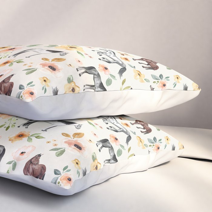 Horses and Flowers, Sunrise Floral, Cream, Horse Print, Horse Illustration, Pink and Yellow, Equestrian, Little Girls Pillow Sham Gallery Image 3