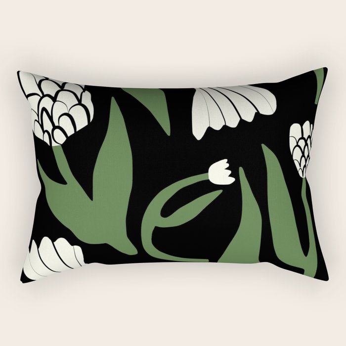 White flowers in black Rectangular Pillow Gallery Image 1