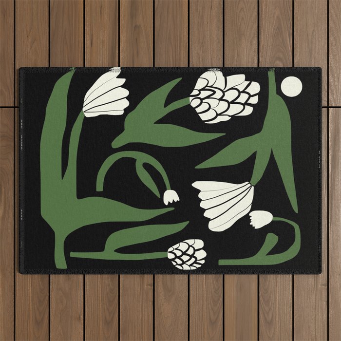 White flowers in black Outdoor Rug Gallery Image 1