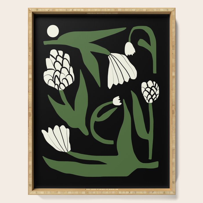 White flowers in black Serving Tray Gallery Image 1