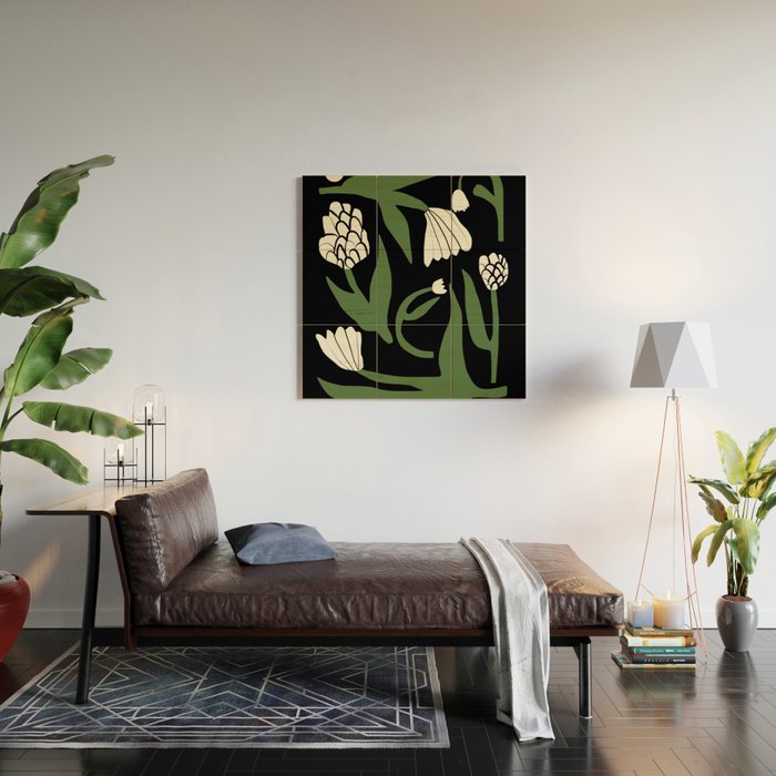 White flowers in black Wood Wall Art Gallery Image 2