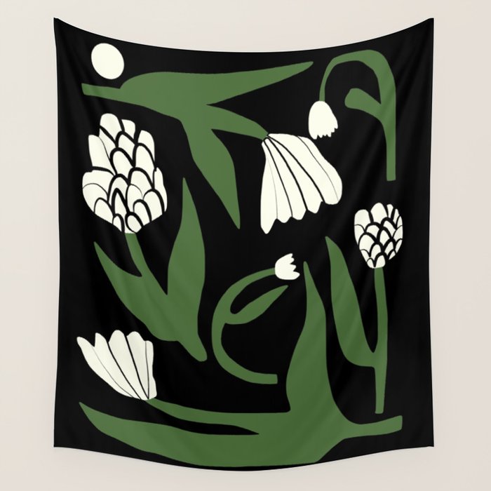 White flowers in black Wall Tapestry Gallery Image 4