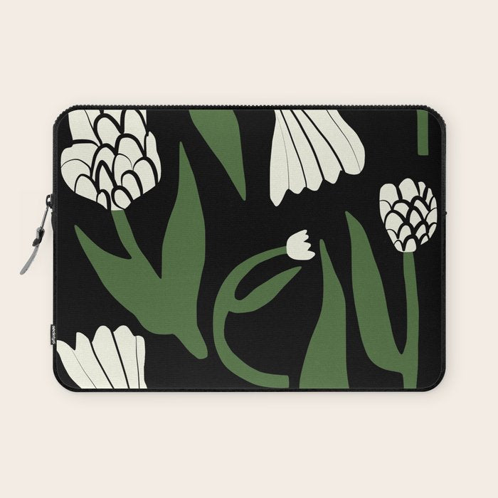 White flowers in black Laptop Sleeve Gallery Image 1
