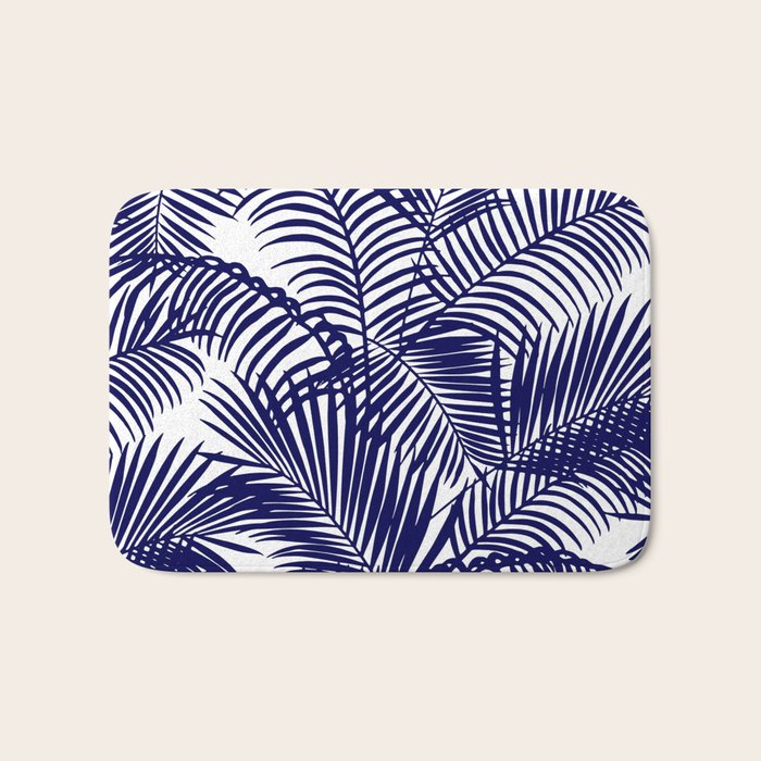 Modern blue white tropical palm trees pattern Bath Mat Gallery Image 1