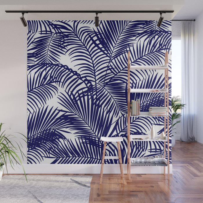 Modern blue white tropical palm trees pattern Wall Mural Gallery Image 1