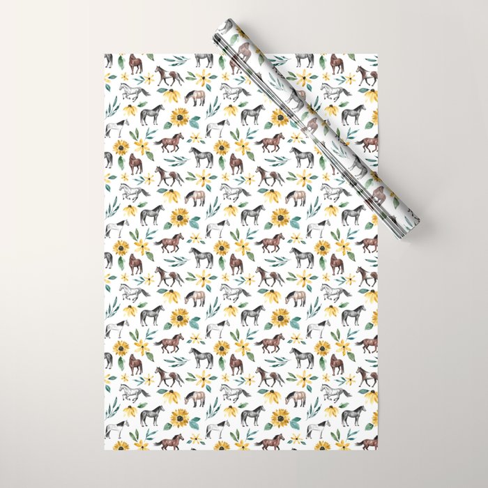 Horses and Sunflowers, Horse Art, Horse Decor, Yellow Flowers, Equestrian Art Wrapping Paper Gallery Image 1