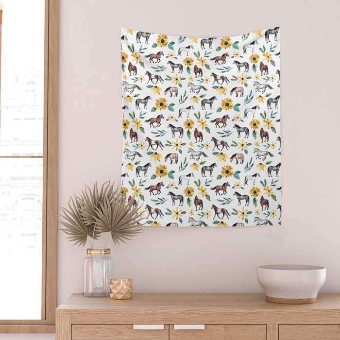 Horses and Sunflowers, Horse Art, Horse Decor, Yellow Flowers, Equestrian Art Wall Tapestry Gallery Image 2