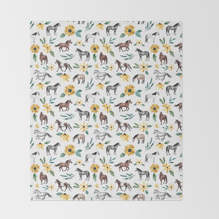 Horses and Sunflowers, Horse Art, Horse Decor, Yellow Flowers, Equestrian Art Throw Blanket Gallery Image 2