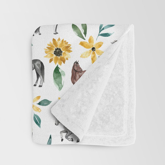 Horses and Sunflowers, Horse Art, Horse Decor, Yellow Flowers, Equestrian Art Throw Blanket Gallery Image 3