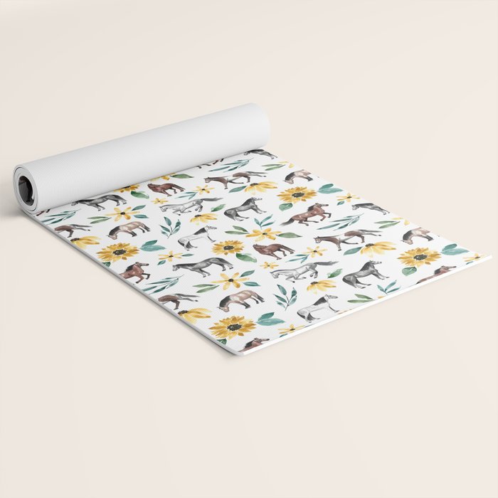 Horses and Sunflowers, Horse Art, Horse Decor, Yellow Flowers, Equestrian Art Yoga Mat Gallery Image 2