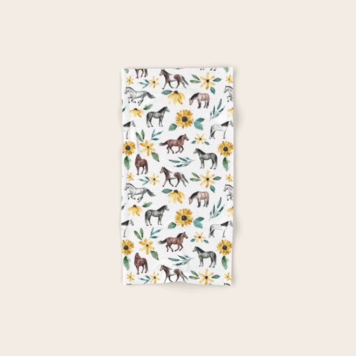 Horses and Sunflowers, Horse Art, Horse Decor, Yellow Flowers, Equestrian Art Bath Towel Gallery Image 1