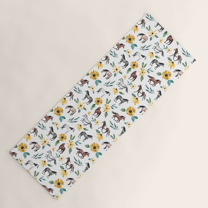 Horses and Sunflowers, Horse Art, Horse Decor, Yellow Flowers, Equestrian Art Yoga Mat Gallery Image 1