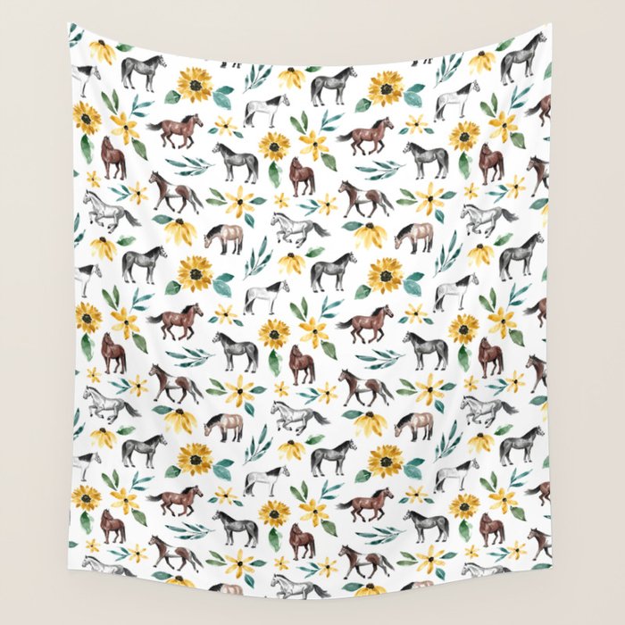 Horses and Sunflowers, Horse Art, Horse Decor, Yellow Flowers, Equestrian Art Wall Tapestry Gallery Image 4