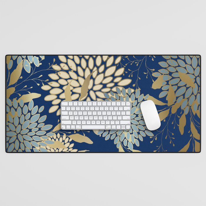 Floral Blooms and Leave, Blue, Navy, Gold, Cream Desk Mat Gallery Image 1