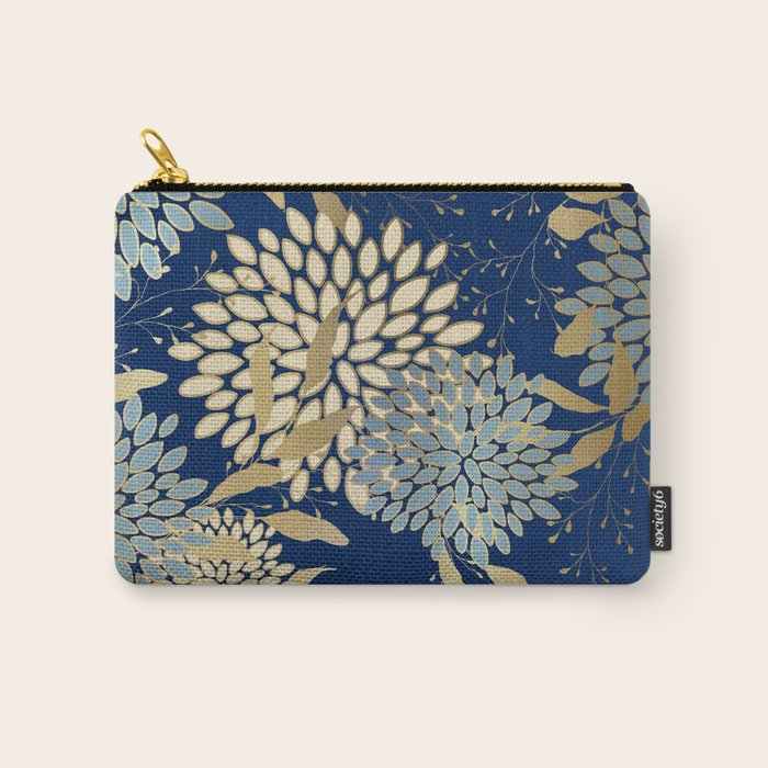Floral Blooms and Leave, Blue, Navy, Gold, Cream Carry All Pouch Gallery Image 1