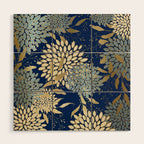 Floral Blooms and Leave, Blue, Navy, Gold, Cream Wood Wall Art Gallery Image 1