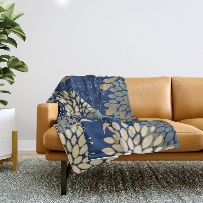 Floral Blooms and Leave, Blue, Navy, Gold, Cream Throw Blanket Gallery Image 1