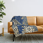 Floral Blooms and Leave, Blue, Navy, Gold, Cream Throw Blanket Gallery Image 1