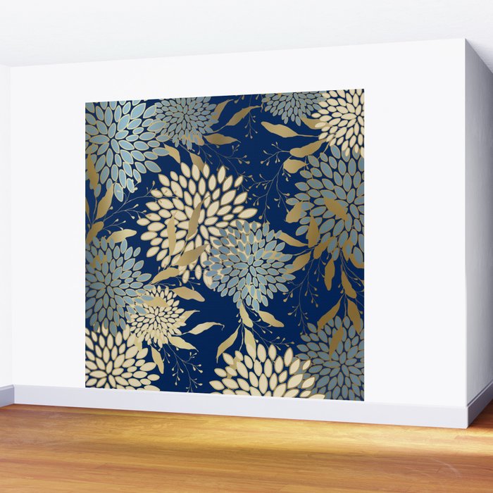 Floral Blooms and Leave, Blue, Navy, Gold, Cream Wall Mural Gallery Image 2