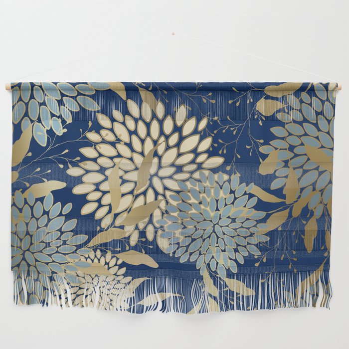 Floral Blooms and Leave, Blue, Navy, Gold, Cream Wall Hanging Gallery Image 1