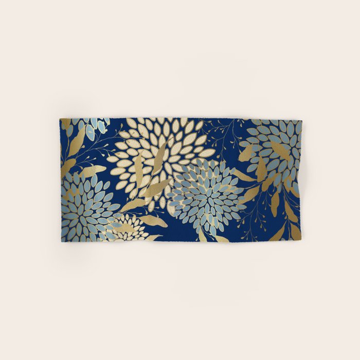 Floral Blooms and Leave, Blue, Navy, Gold, Cream Bath Towel Gallery Image 1
