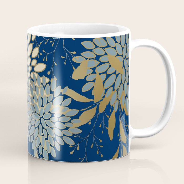 Floral Blooms and Leave, Blue, Navy, Gold, Cream Coffee Mug Gallery Image 1
