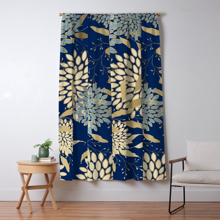 Floral Blooms and Leave, Blue, Navy, Gold, Cream Window Curtain Gallery Image 5